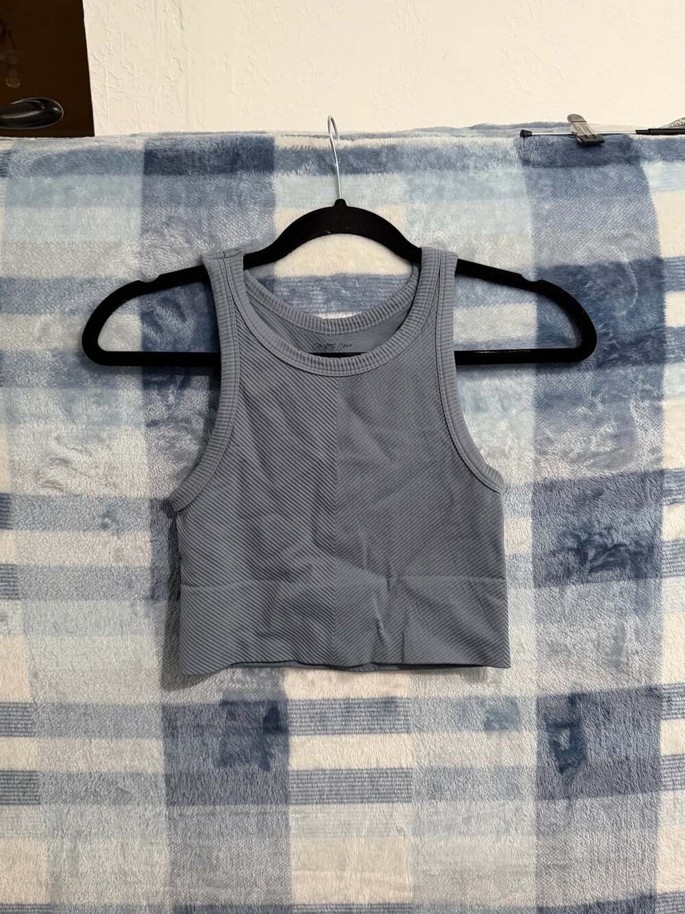Comfort Cove Blue Gray High Neck Ribbed Chevron Crop Tank Top OS